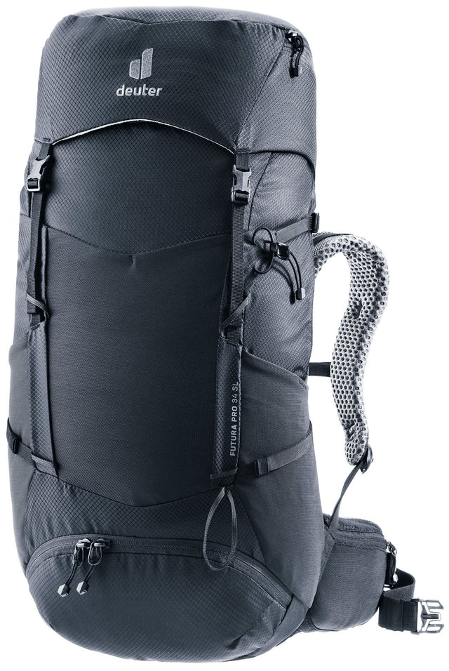 Deuter Futura Pro 34 SL women's hiking backpack in Black, front three-quarter view