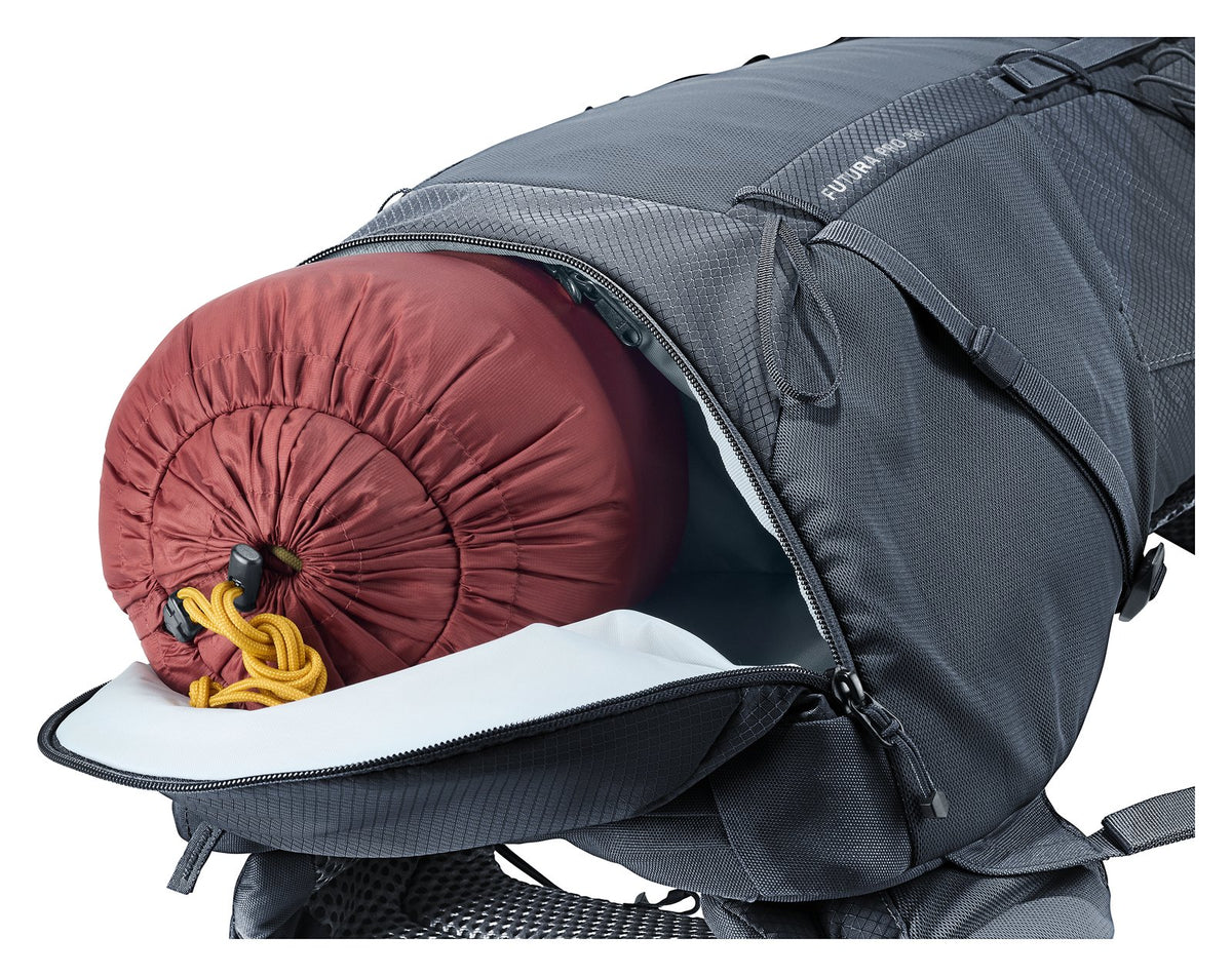 Deuter Futura Pro 36 bottom compartment open with a sleeping bag inside