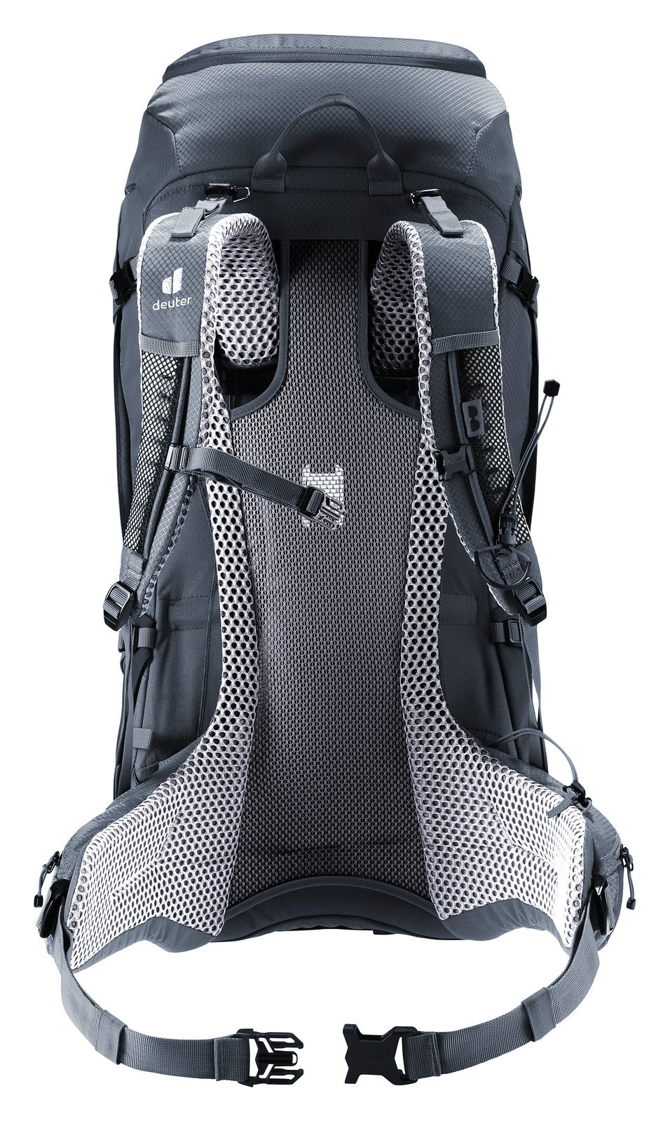 Back of the Deuter Futura Pro 36 showing the full-length Aircomfort mesh and hip fins