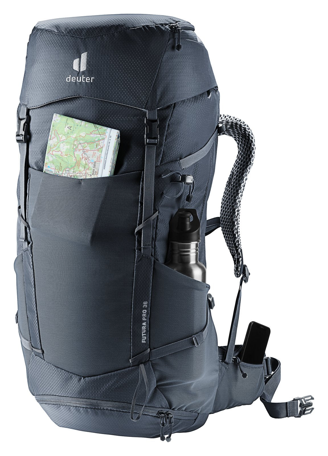 Deuter Futura Pro 36 with a map in the front pocket and a bottle in the side pocket