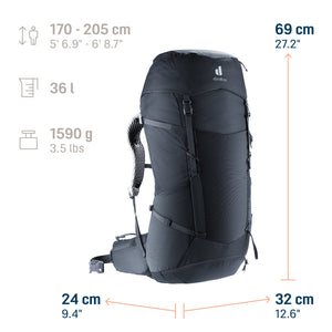 Deuter Futura Pro 36 size guide graphic: 36 litres, 1590 g, for body heights 170-205 cm