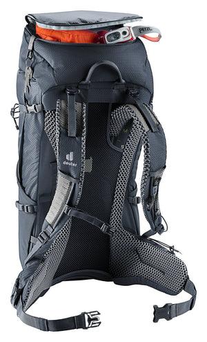 Deuter Futura Pro 36 lid pockets open with a head torch and keys on the key clip