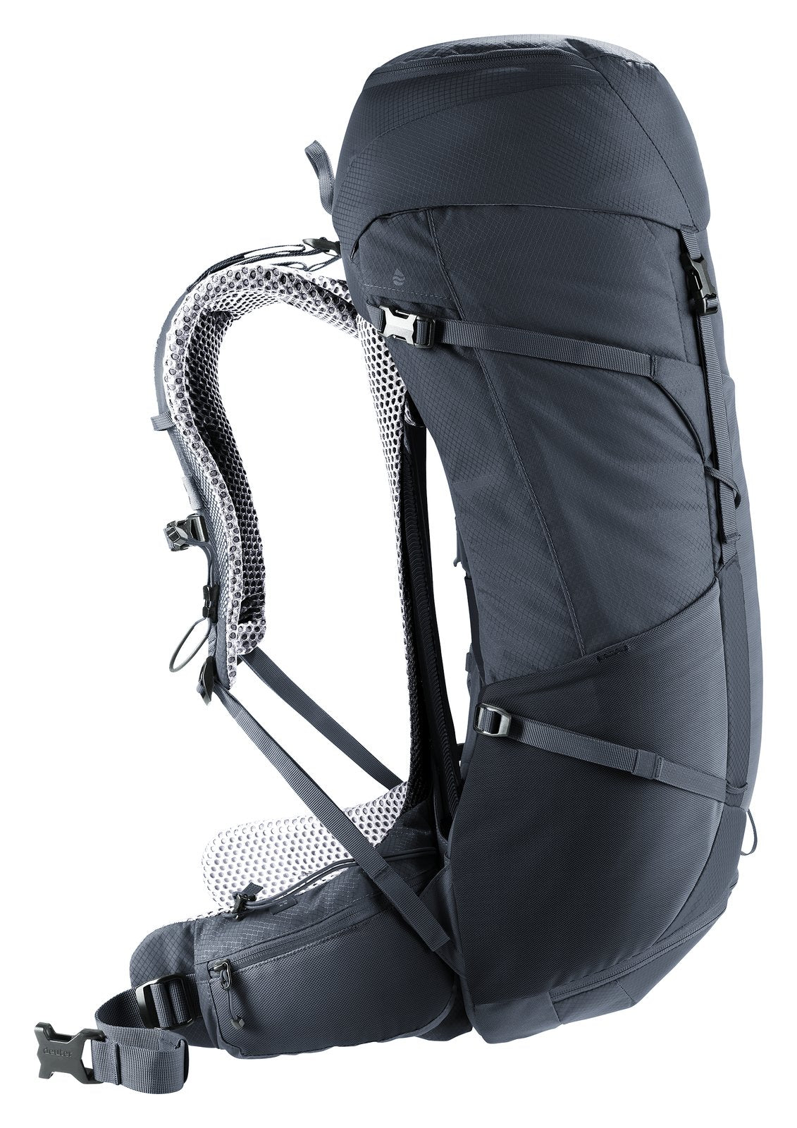 Side profile of the Deuter Futura Pro 36 showing the arched frame and gap behind the mesh back