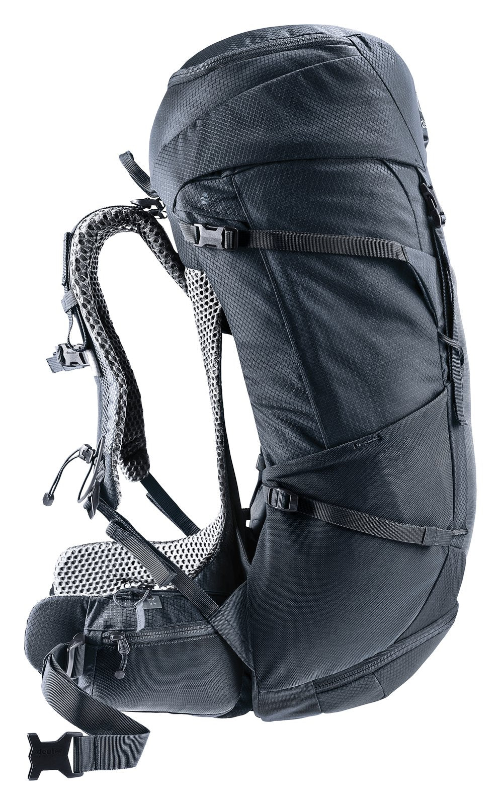 Side profile of the Deuter Futura Pro 38 SL showing the arched mesh back and hip fin