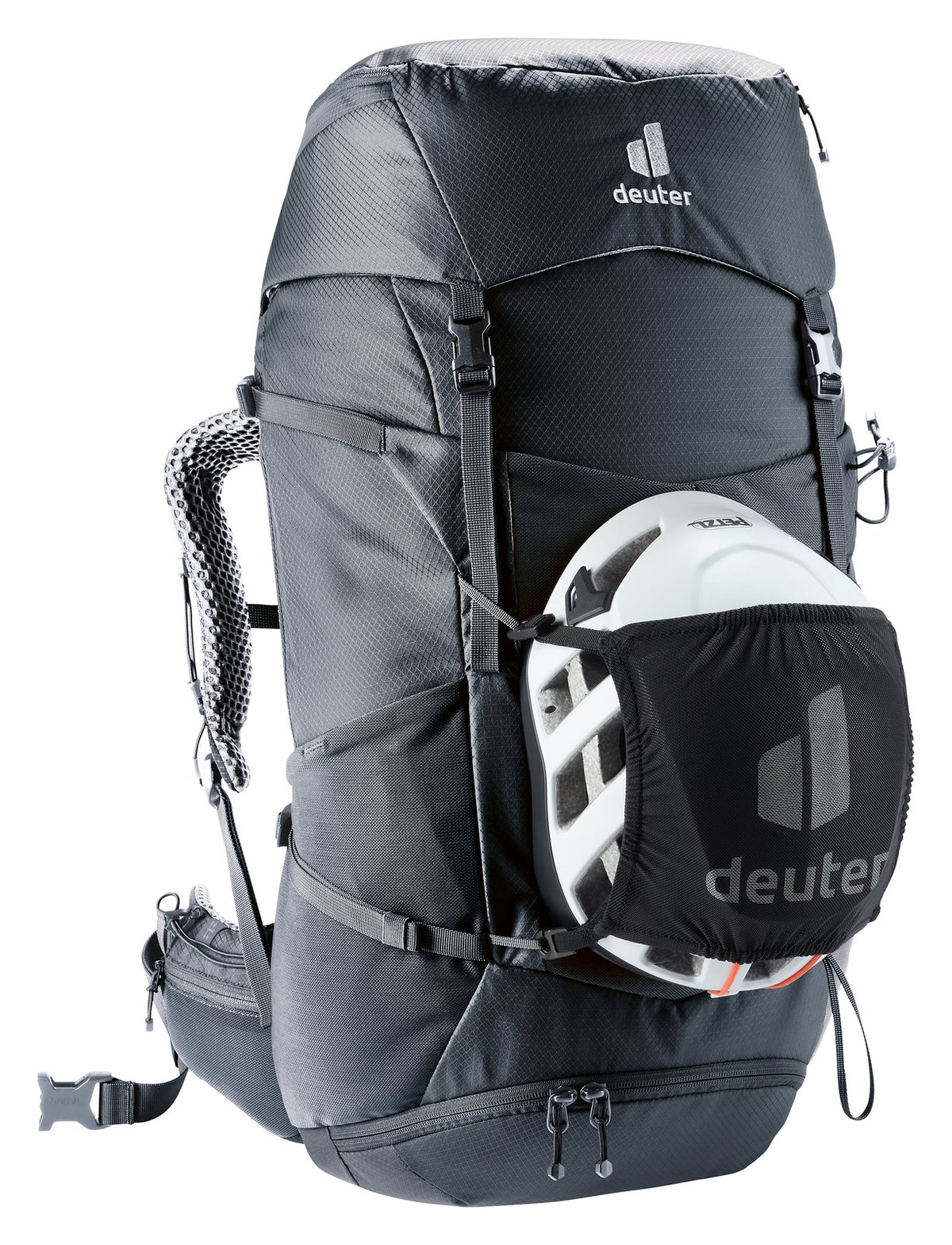 Deuter Futura Pro 38 SL with a helmet in a mesh holder, sold separately