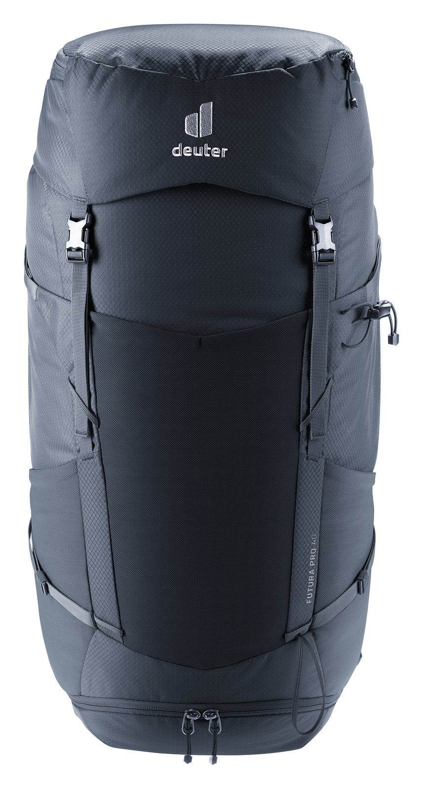 Deuter Futura Pro 40 in Black, straight-on front view with mesh front pocket