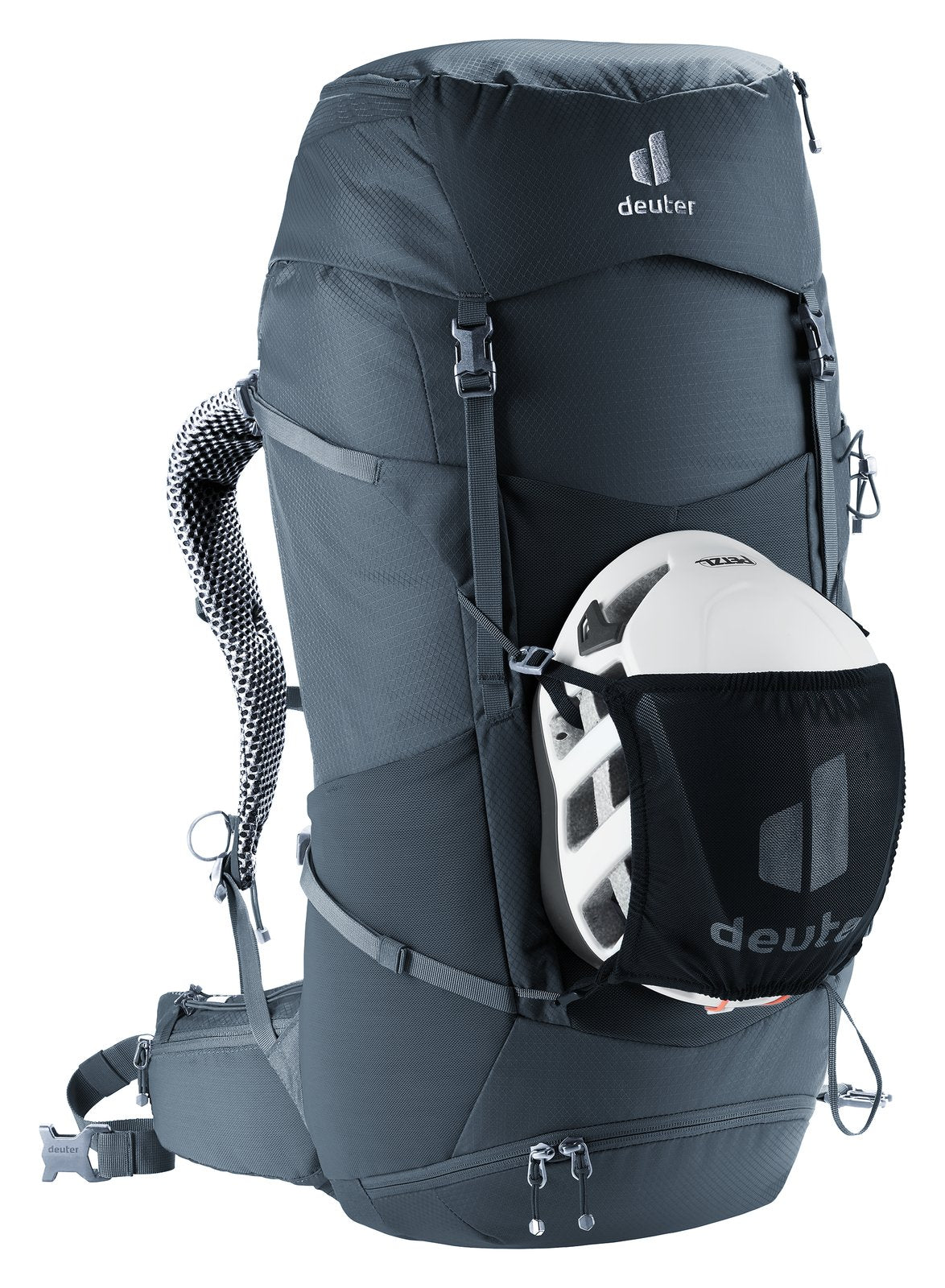 Deuter Futura Pro 40 carrying a helmet in the mesh helmet holder, sold separately