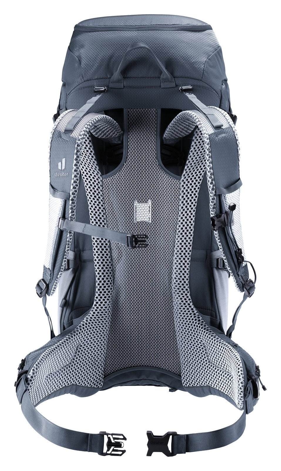 Back of the Deuter Futura Pro 40 showing full-length Aircomfort mesh and hip fins