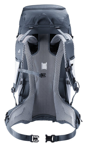 Back of the Deuter Futura Pro 40 showing full-length Aircomfort mesh and hip fins