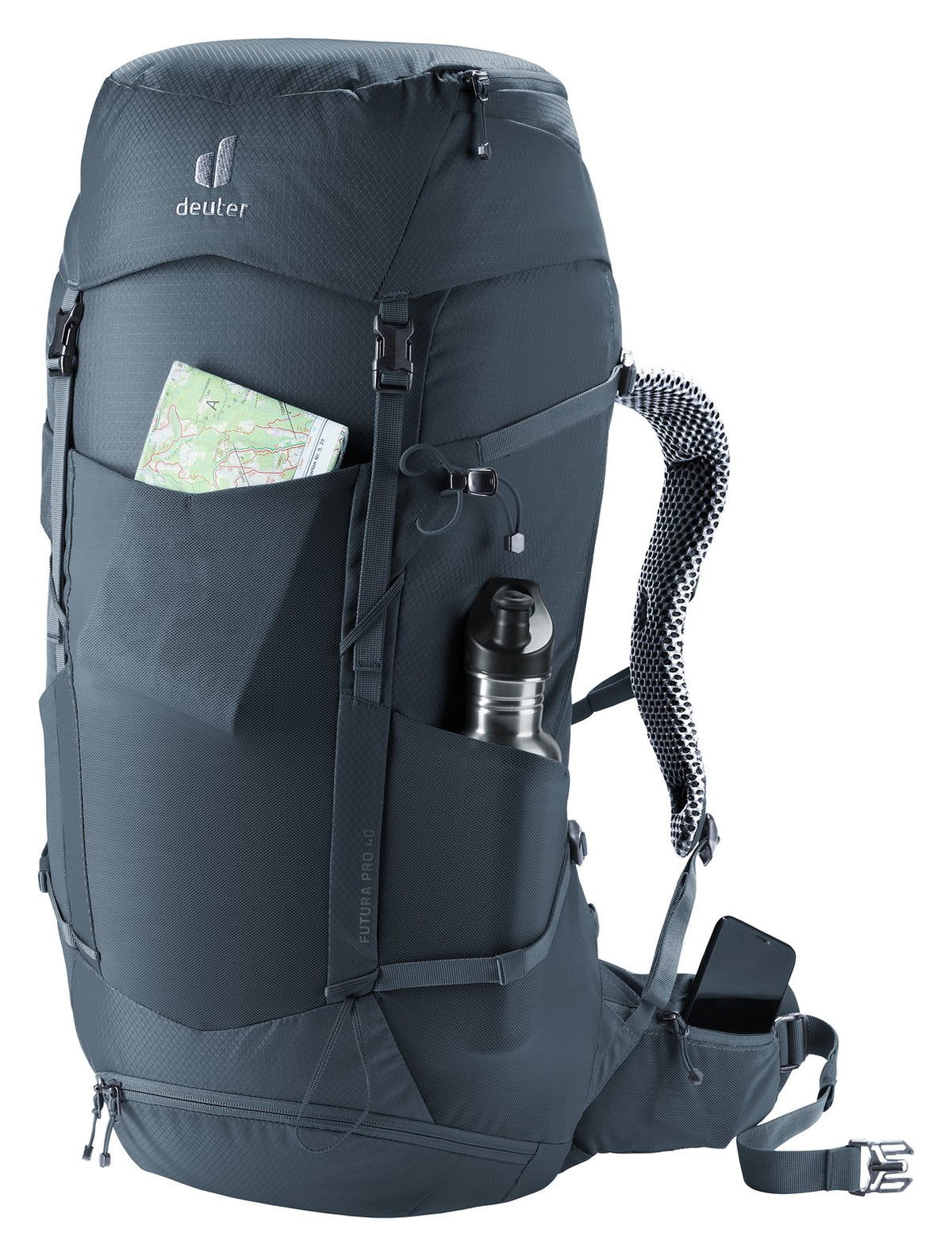 Deuter Futura Pro 40 with a map in the front pocket and bottle in the side pocket