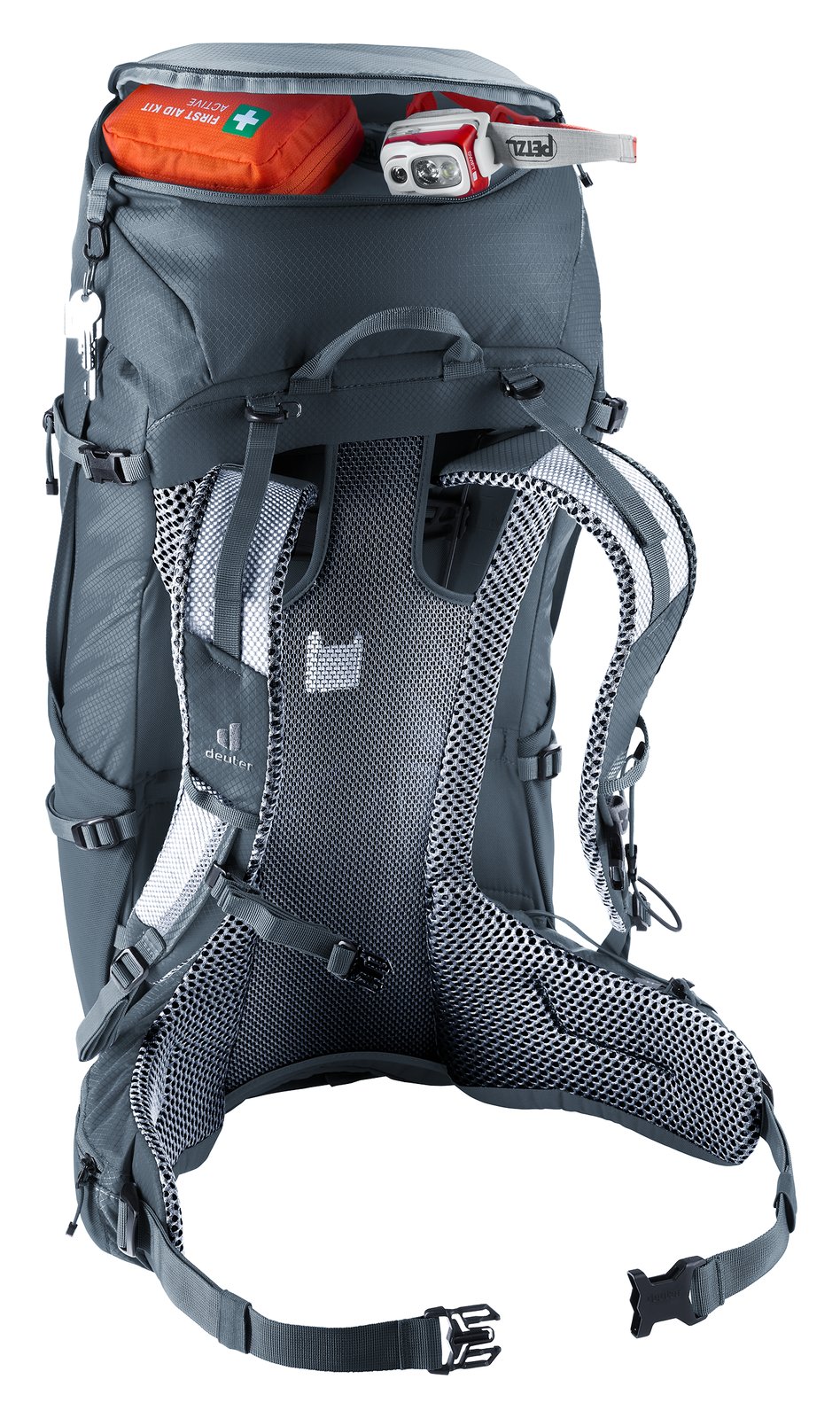Deuter Futura Pro 40 lid pocket open with a first aid kit inside
