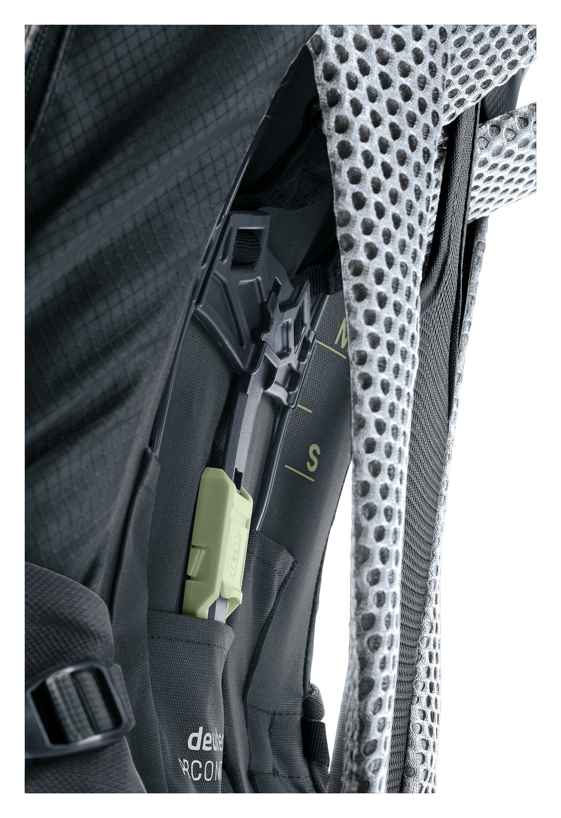 Close-up of the VariClick back length adjustment on the Deuter Futura Pro 40