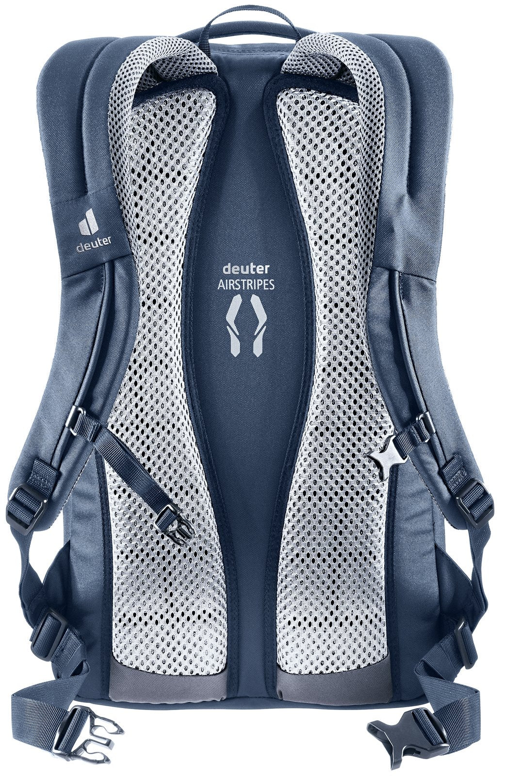Back of the Deuter Giga showing the Airstripes mesh padding and waist belt