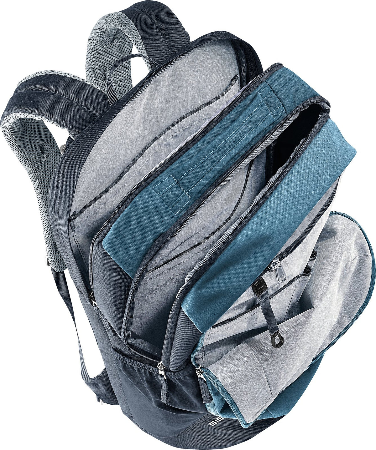 Deuter Giga main and document compartments unzipped, viewed from above