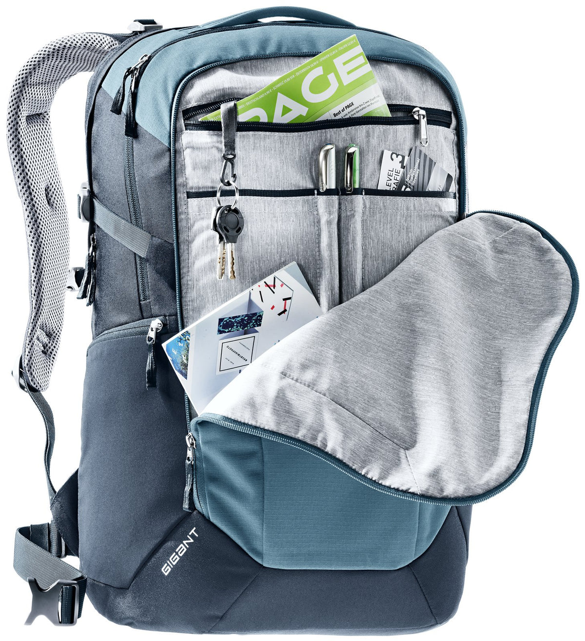 Deuter Gigant organiser compartment open with pens, keys on the clip and papers