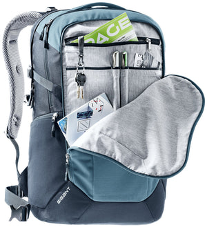 Deuter Gigant organiser compartment open with pens, keys on the clip and papers