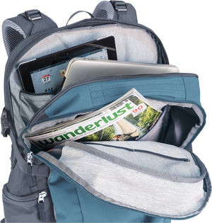 Deuter Gigant main compartment open with a laptop, tablet and magazine packed inside