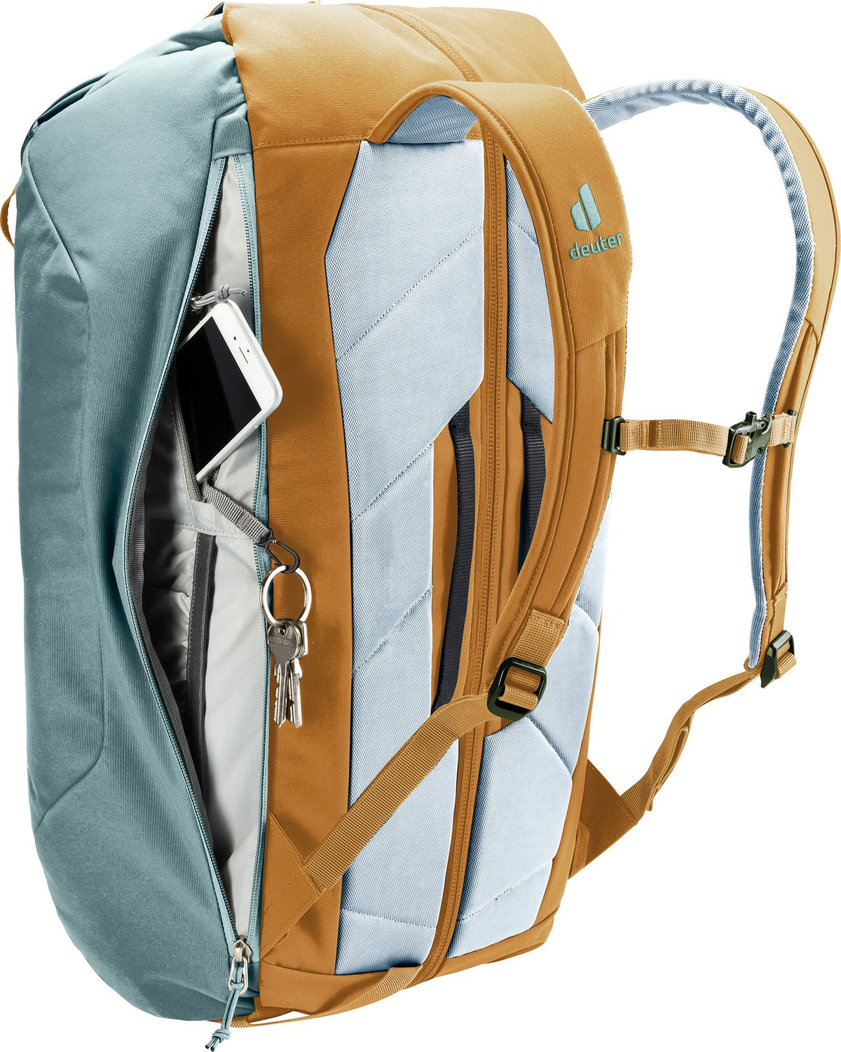 Deuter Gravity Motion with the back partly unzipped and a phone in the inside pocket