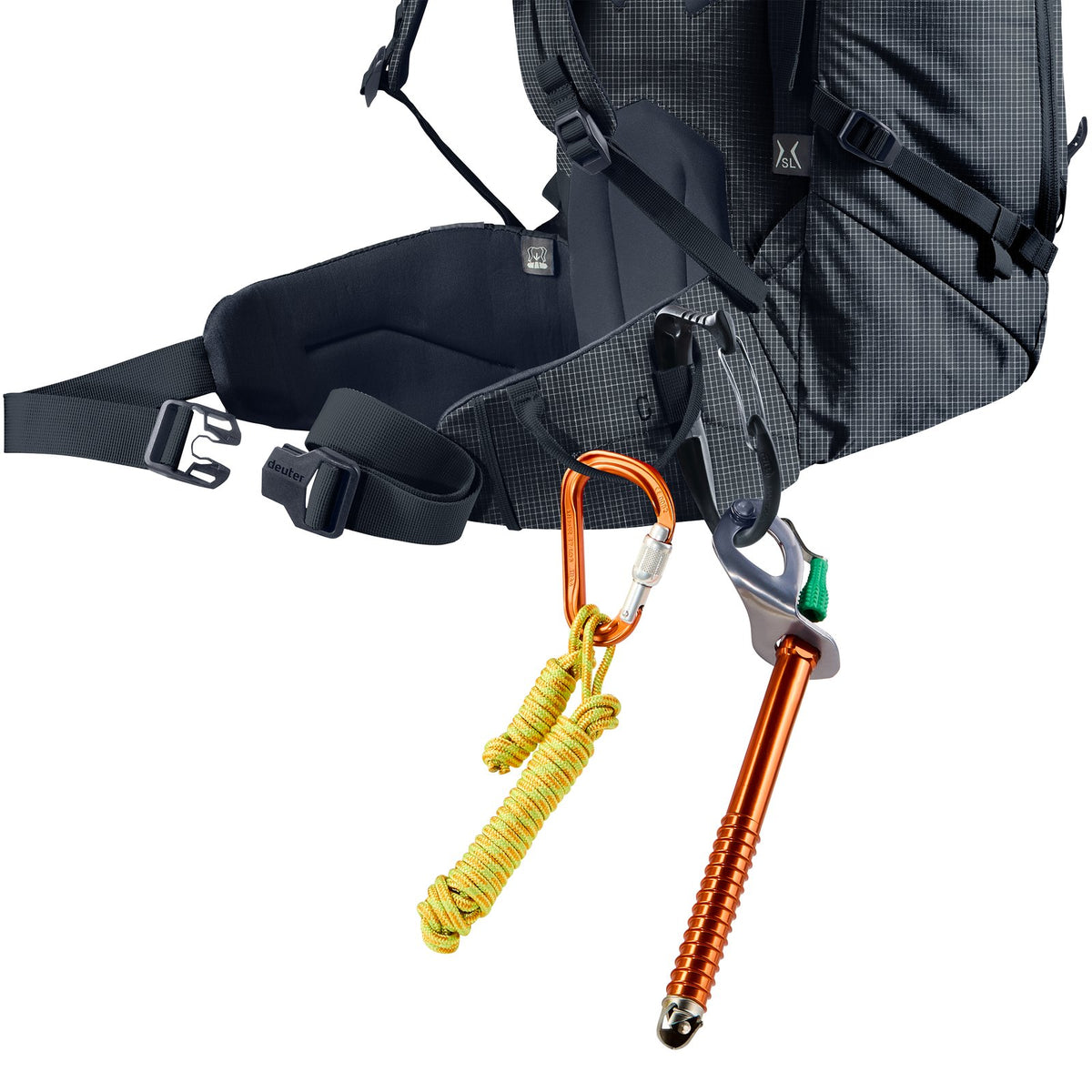 Deuter Guide 32+6 SL hip fin gear loop holding a carabiner, cord and ice screw