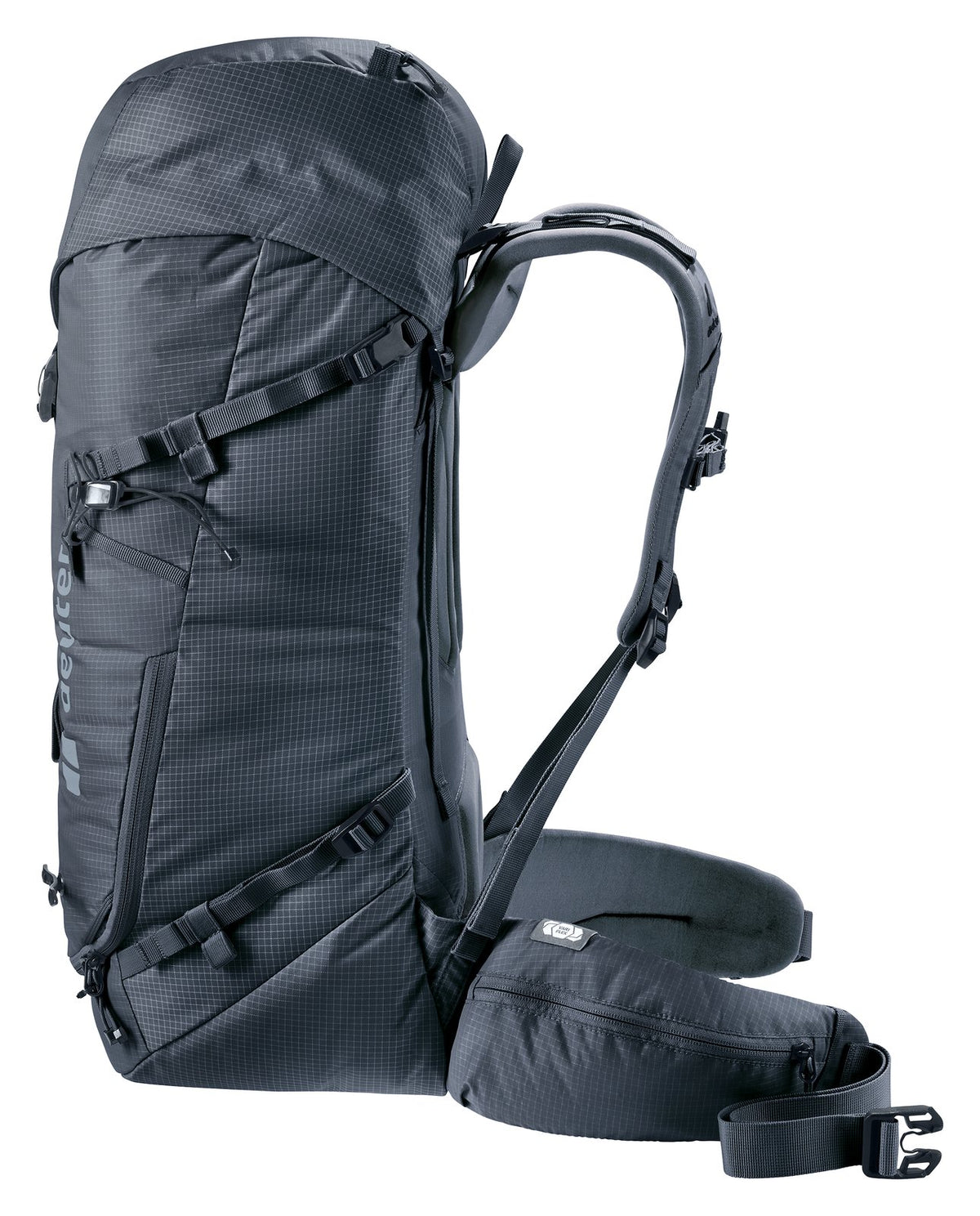 Deuter Guide 32+6 SL side view showing shoulder strap and hip fin