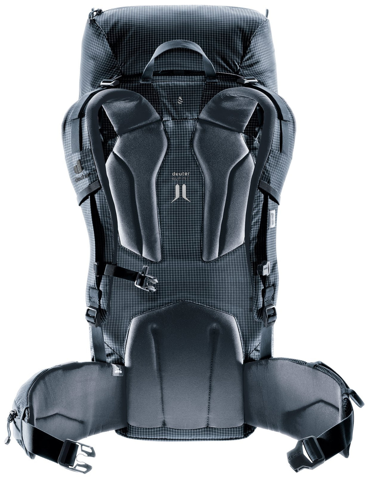 Back of the Deuter Guide 34+6 showing the Alpine backplate padding and hip fins