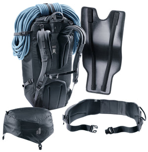 Deuter Guide 34+6 stripped: lid, hip fins and backplate removed and laid beside it