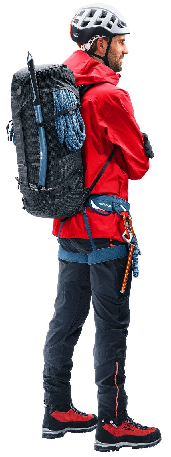 Deuter Guide 34+6 worn by a climber in a red jacket and helmet, with a rope and ice axe strapped to the pack