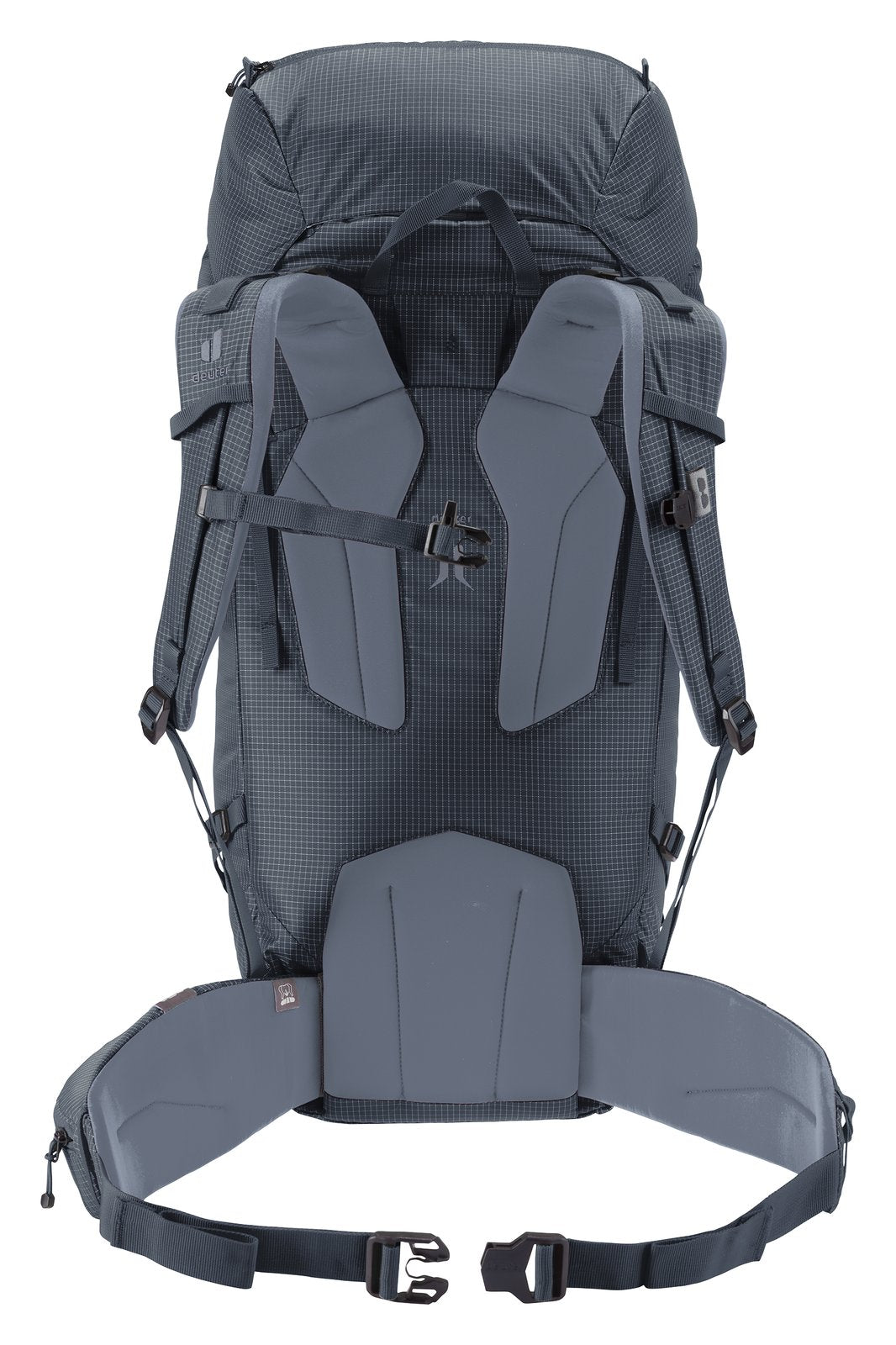 Back of the Deuter Guide 44+6 showing the Alpine back padding and hip fins