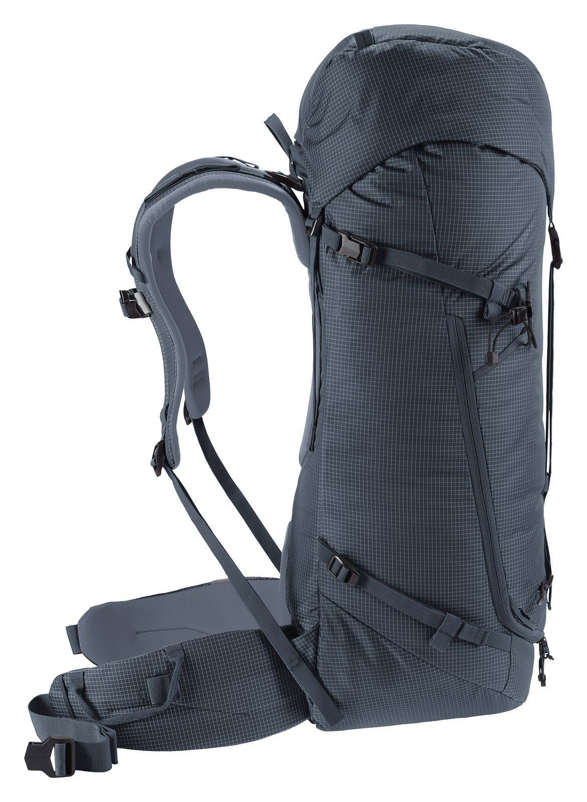 Side profile of the Deuter Guide 44+6 with compression straps and hip fin