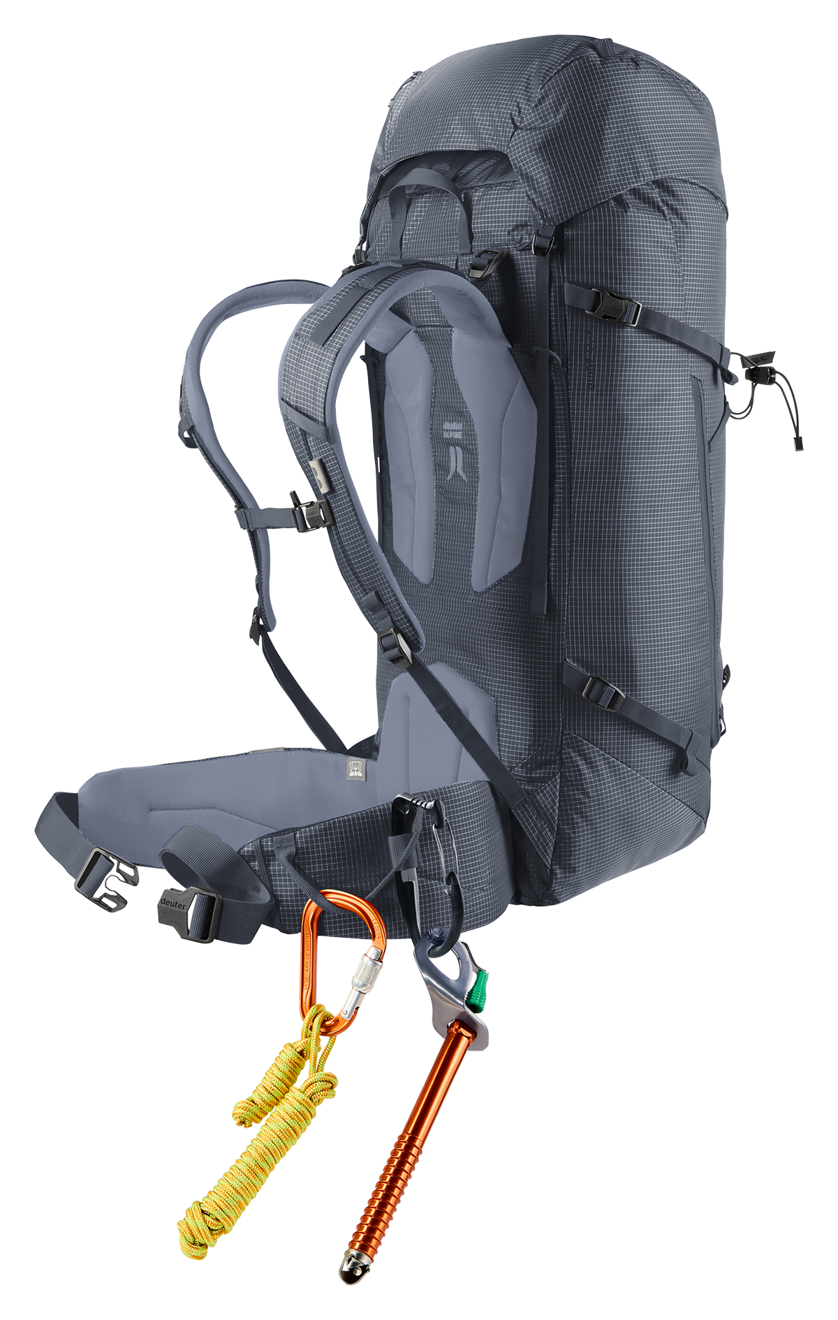 Deuter Guide 44+6 with carabiners and an ice screw clipped to the hip fin gear loop
