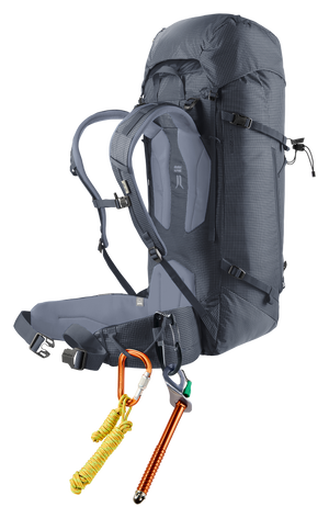 Deuter Guide 44+6 with carabiners and an ice screw clipped to the hip fin gear loop