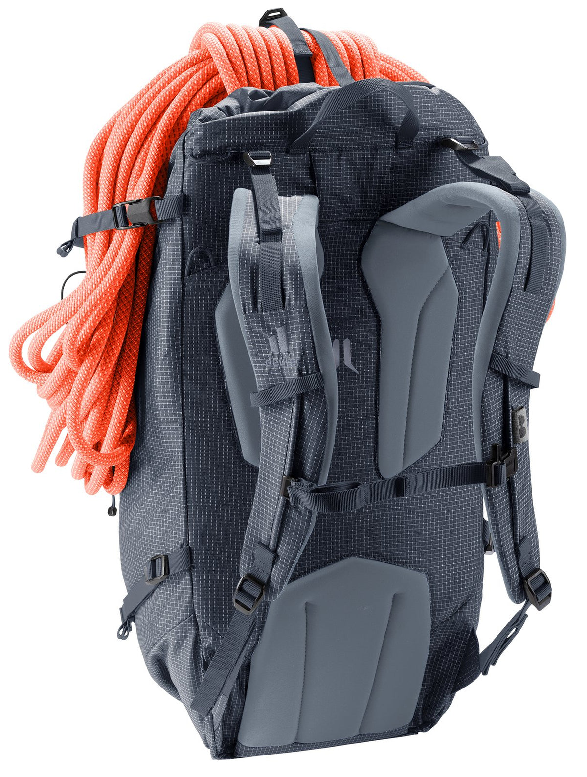 Deuter Guide 44+6 carrying a rope over the top, rear view of the harness