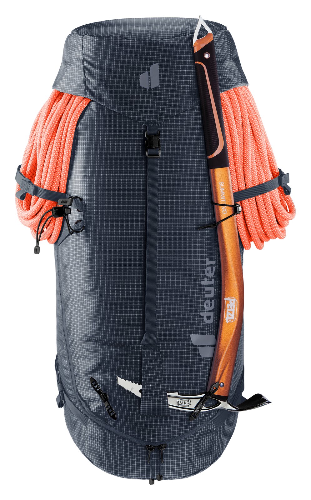 Deuter Guide 44+6 with a climbing rope under the rope strap and an ice axe on the side