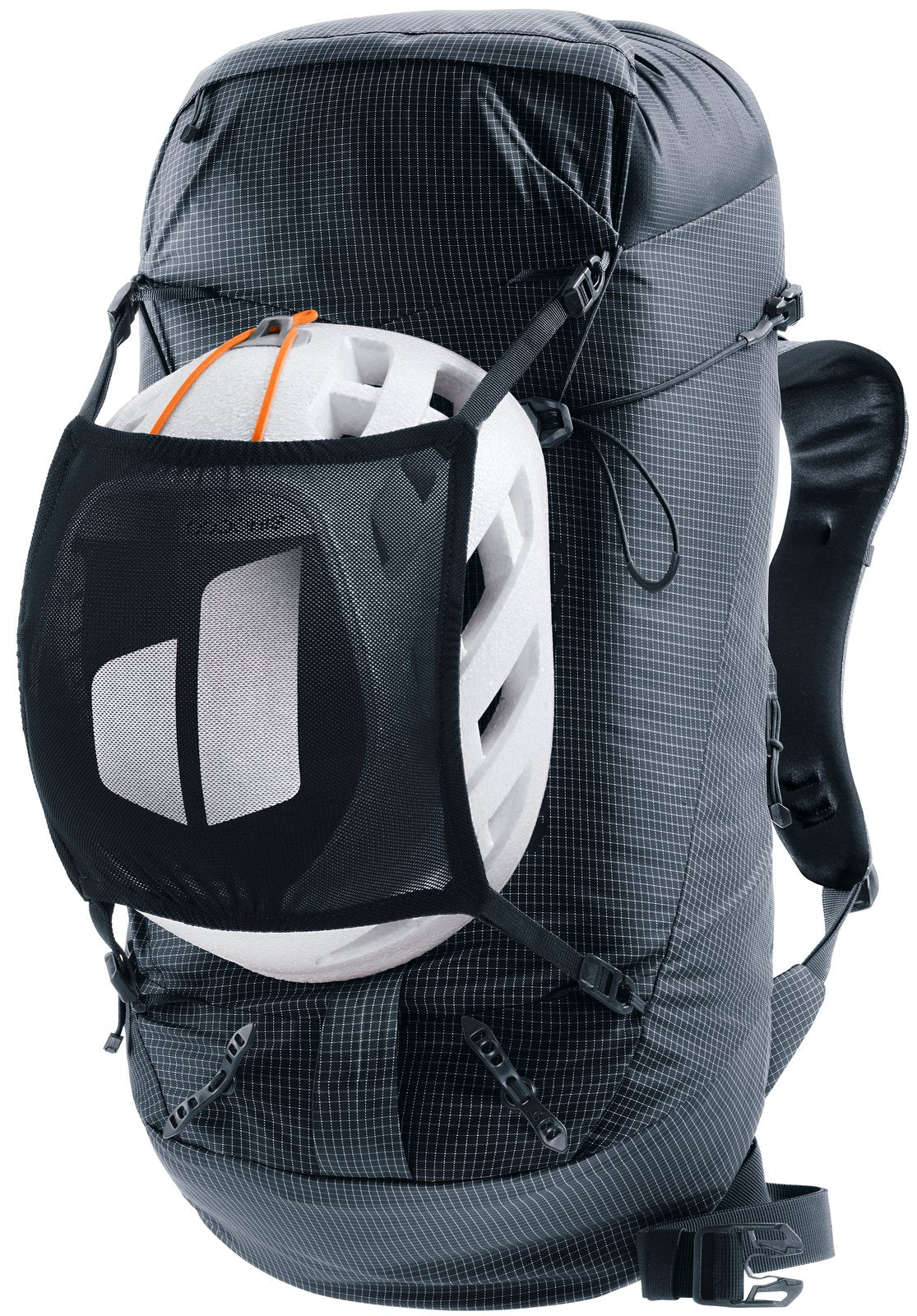 Deuter Guide Lite 24 carrying a climbing helmet in the detachable mesh helmet holder