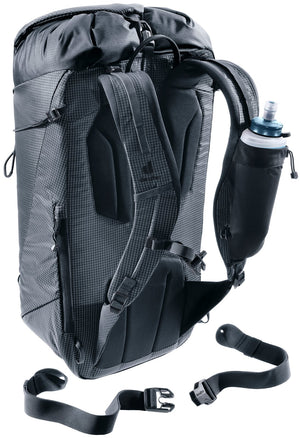 Deuter Guide Lite 24 rear view with a soft flask in the shoulder strap pouch