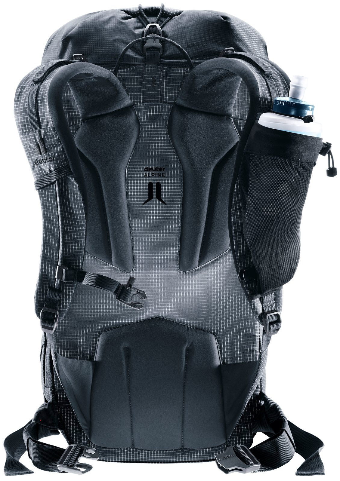 Back of the Deuter Guide Lite 24 showing the Alpine back pads and a soft flask in the strap pouch