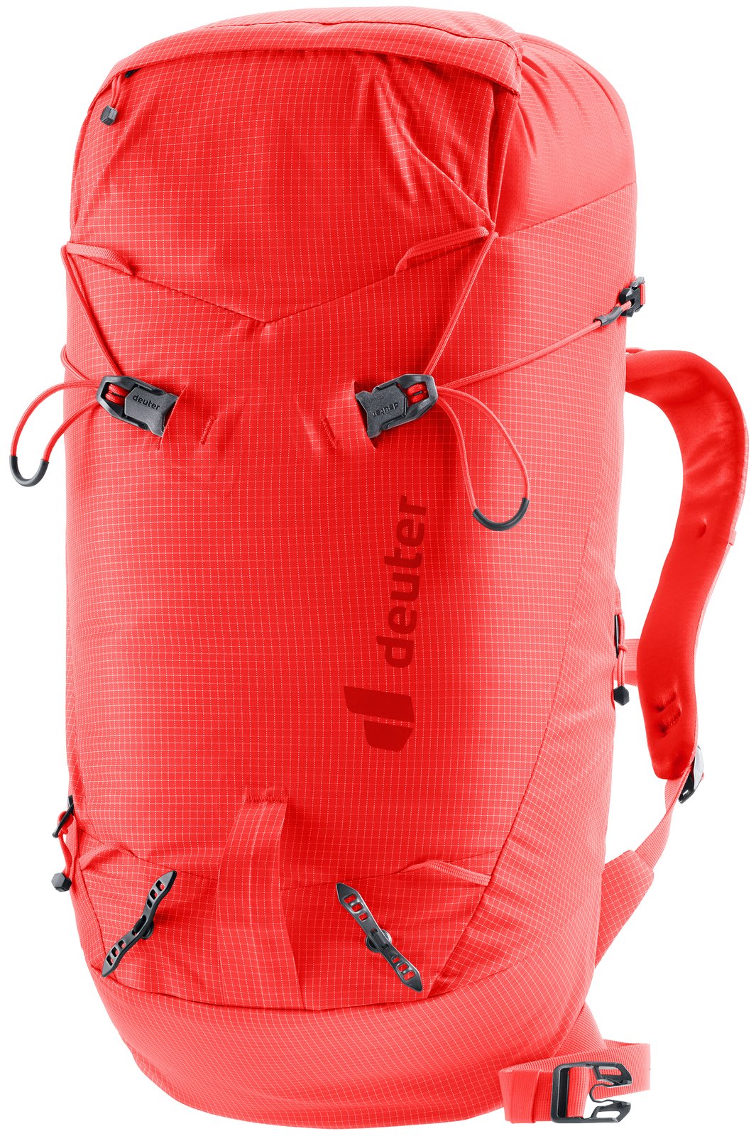 Deuter Guide Lite 24 in Poppy Crimson, bright red climbing pack, front three-quarter view