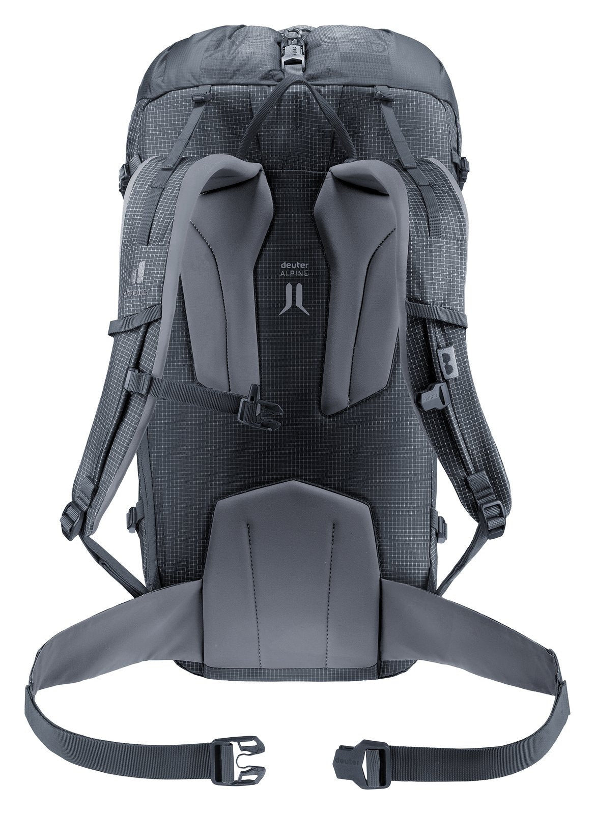 Back of the Deuter Guide Lite 30 showing the Alpine back padding and slim hip fins