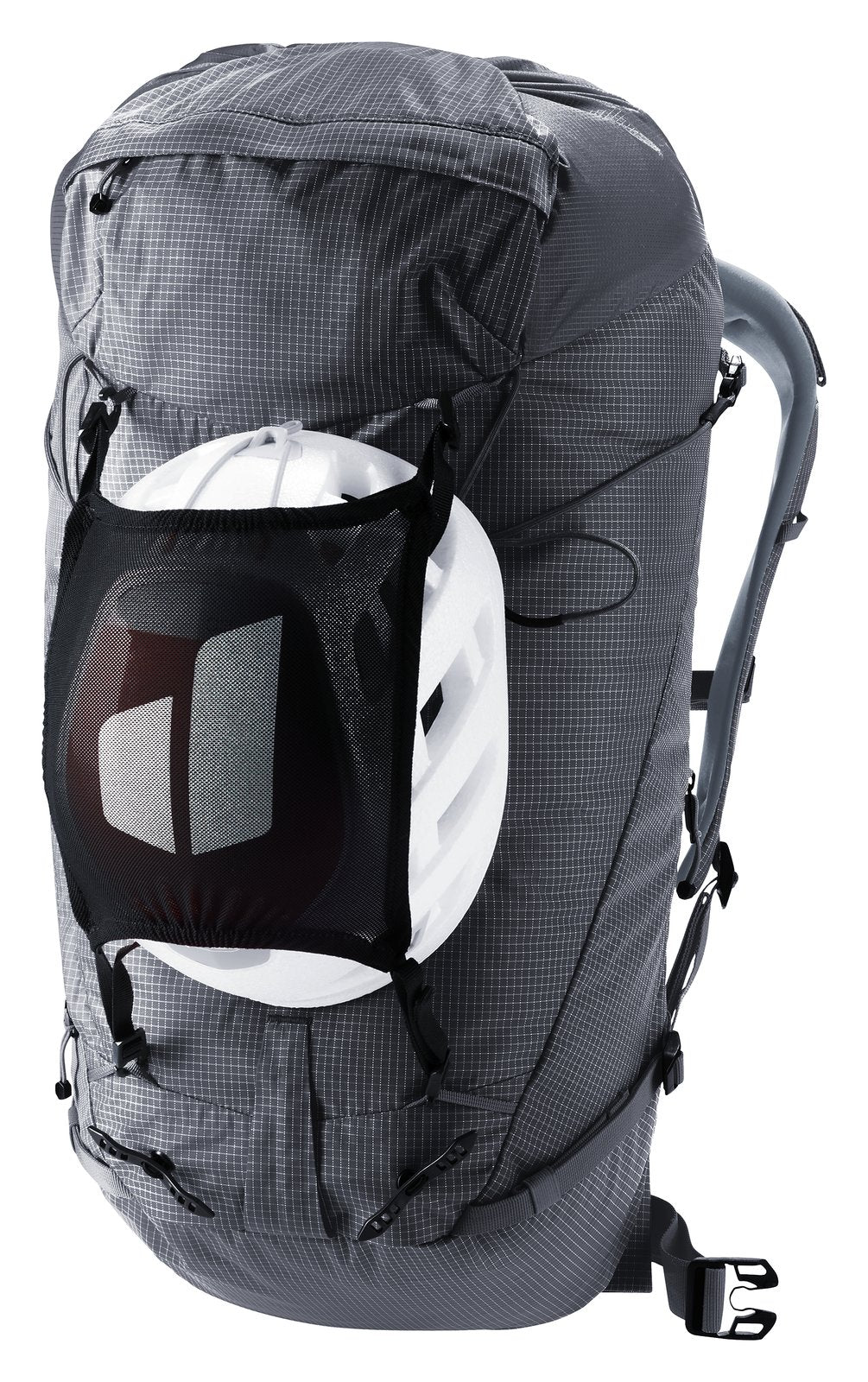 Deuter Guide Lite 30 with a helmet in its detachable mesh helmet holder