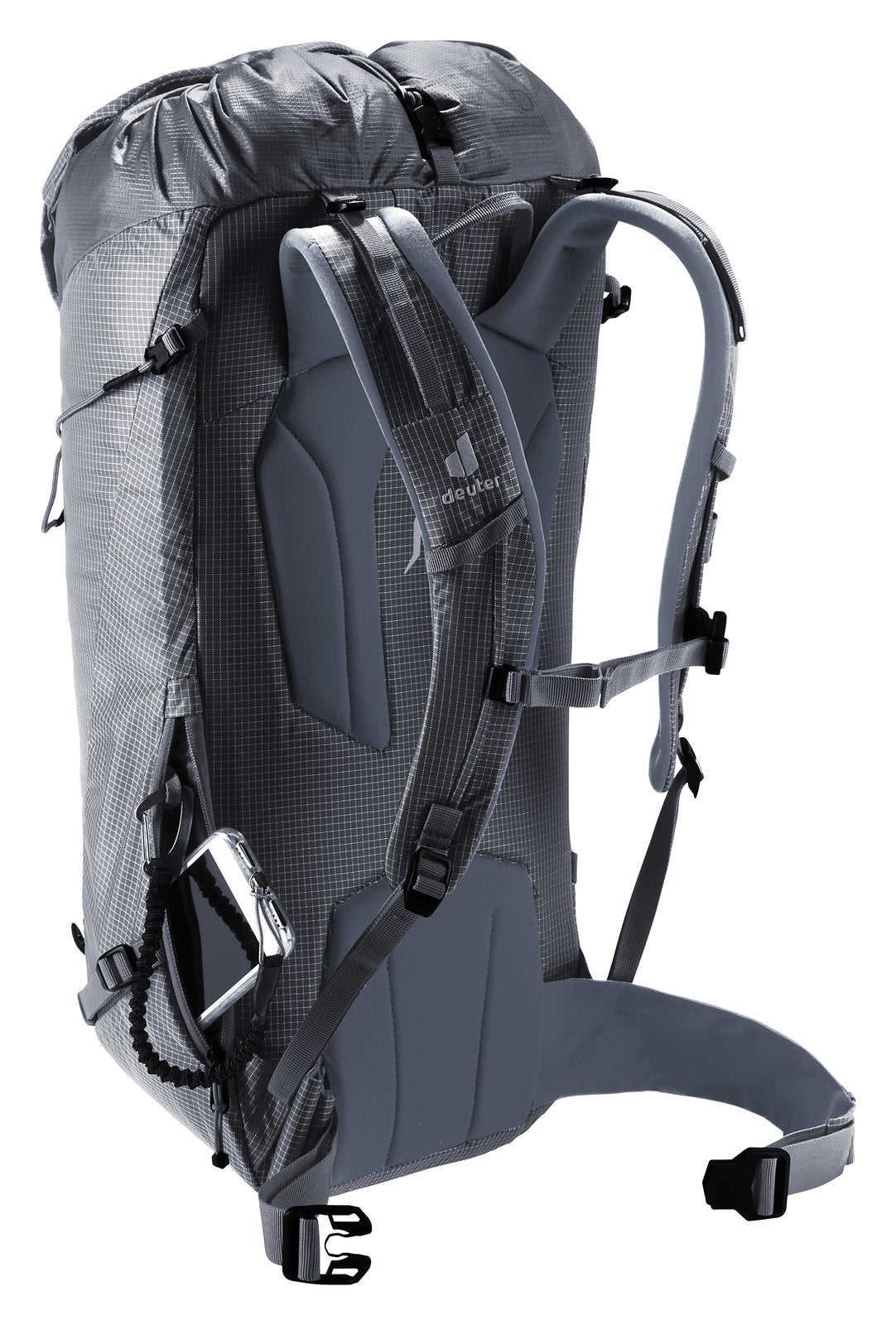 Deuter Guide Lite 30 from behind with a hip fin gear loop and carabiner
