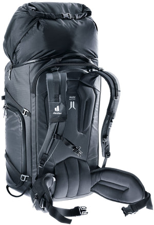 Deuter Jaypack Pro 34+14 rear three-quarter view with the roll-top extended