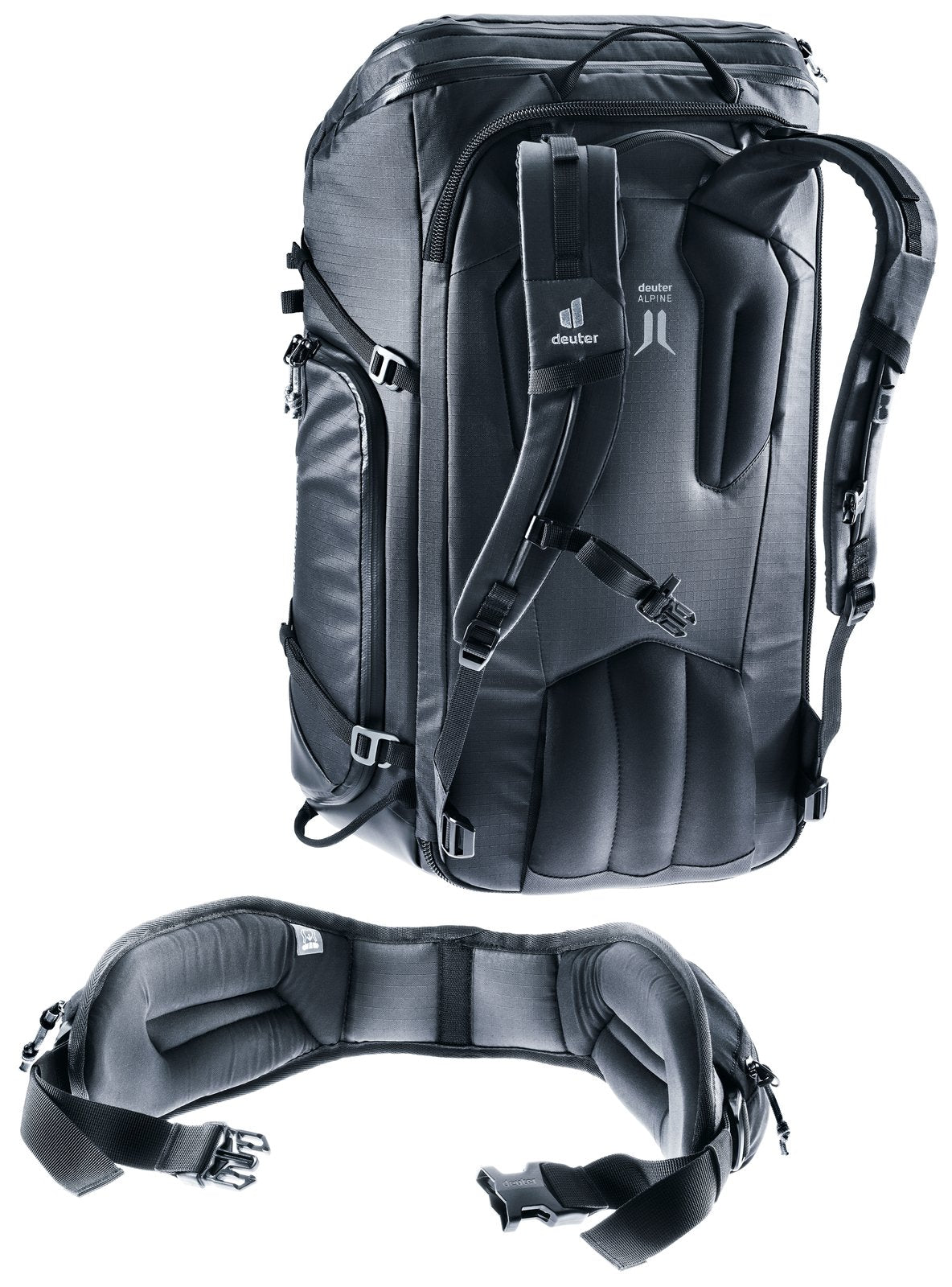 Deuter Jaypack Pro 34+14 harness shown with the hip belt separated below the pack