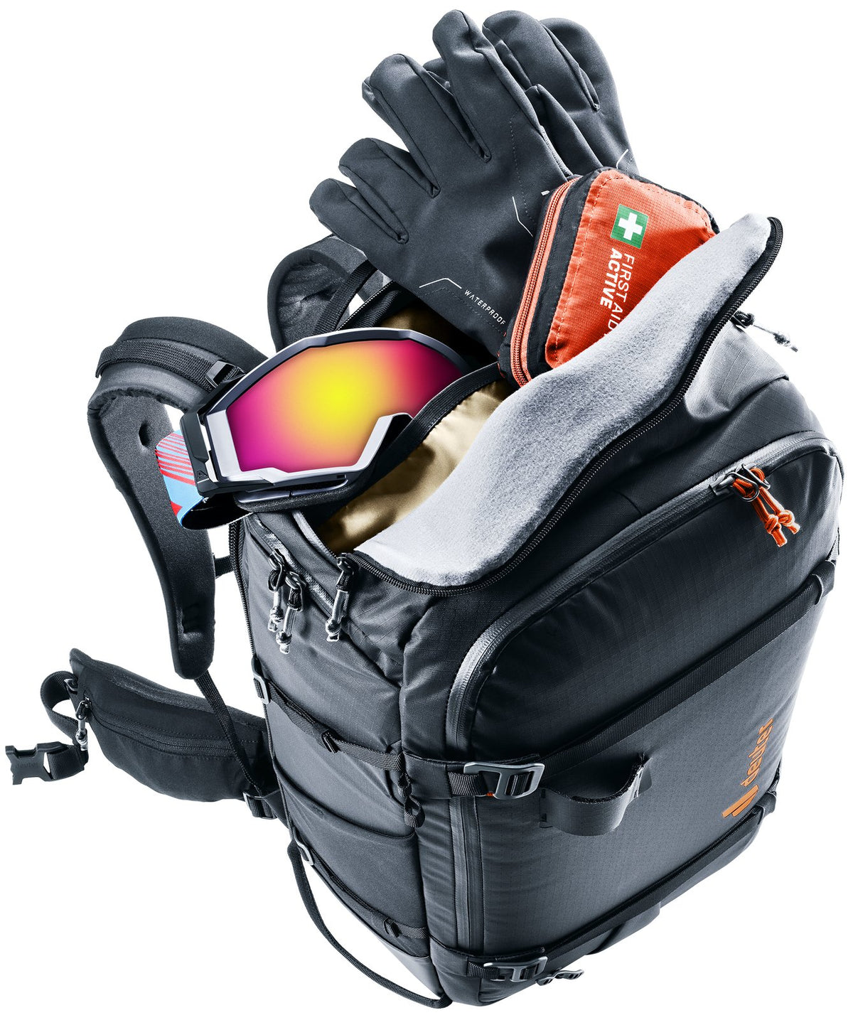 Deuter Jaypack Pro 34+14 top open with ski goggles, gloves and a first aid kit