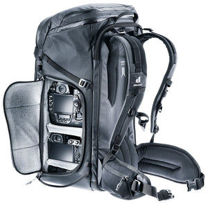 Deuter Jaypack Pro 34+14 side zip open showing a camera body inside the padded insert