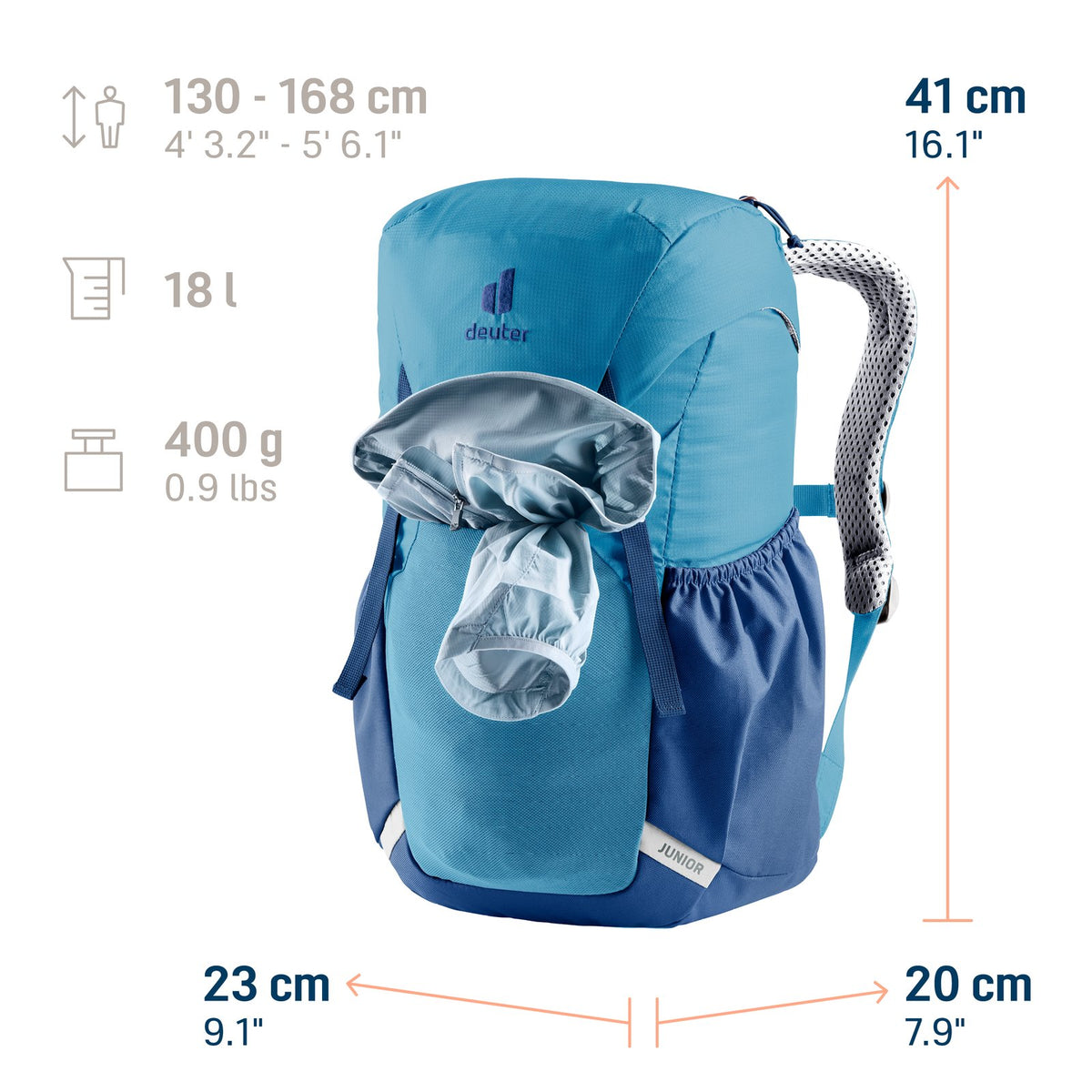 Deuter Junior size guide: 18 litres, 400 g, for kids 130-168 cm tall