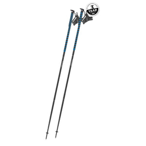 Pair of Komperdell FXP Composite Trail poles with blue-and-black striped grip tape