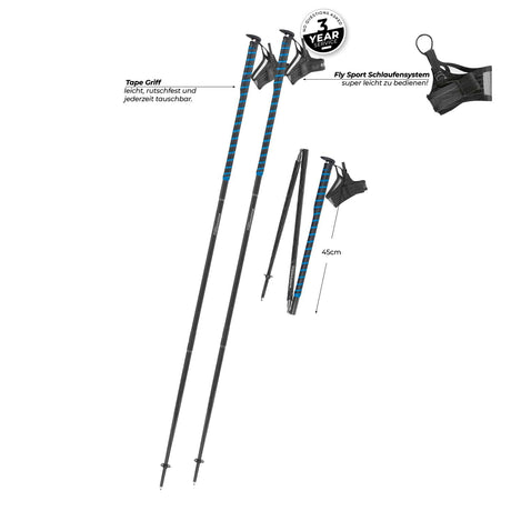 Komperdell FXP Composite Trail diagram showing the tape grip, Fly strap and folded pole