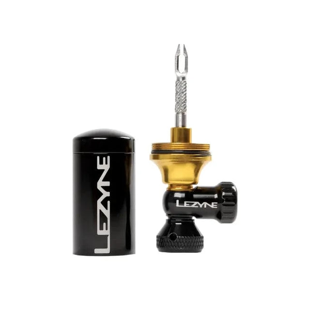 Lezyne Tubeless CO2 Blaster head with gold insertion tool beside its black aluminium canister