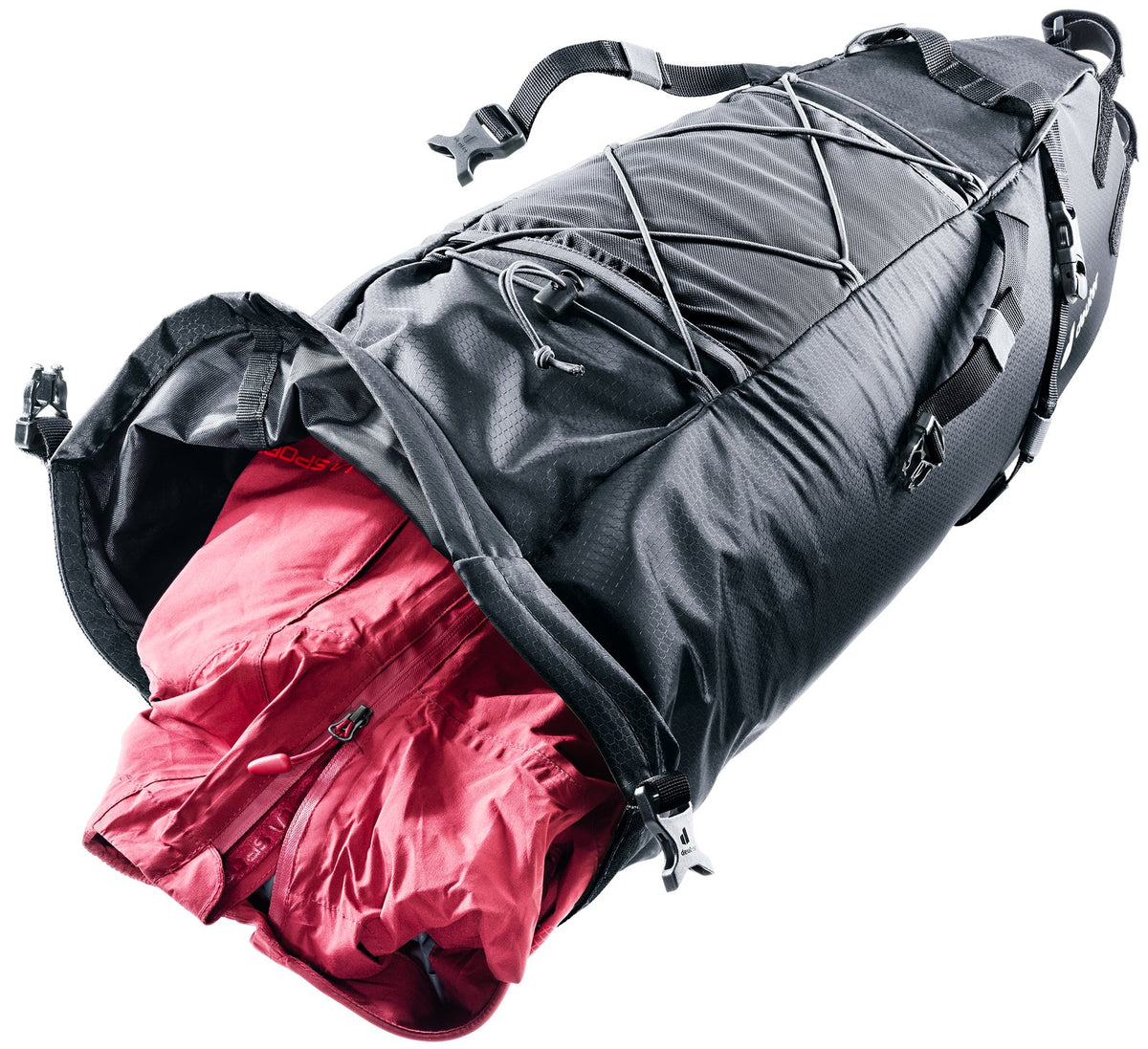 Deuter Mondego SB 16 roll-top dry bag open with a red jacket inside