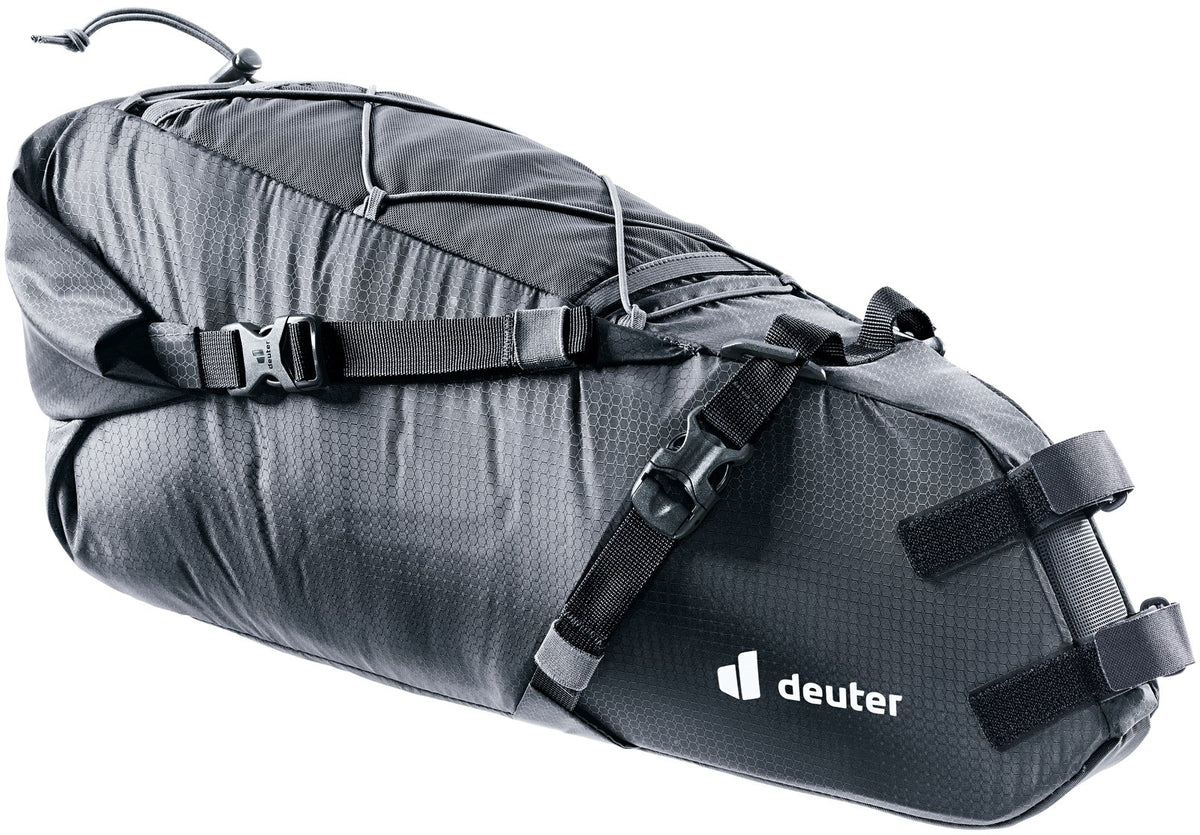 Deuter Mondego SB 16 bikepacking saddle bag in Black with top bungee cord and mounting straps